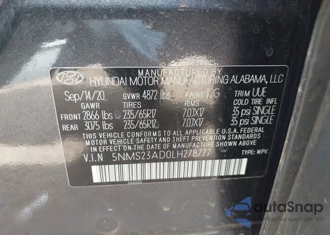 2020 Hyundai Santa Fe Se из США, поврежденный, VIN 5NMS23AD0LH278777